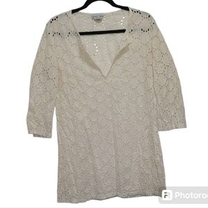 Jordan Taylor V Neck Sheer eyelet shirt swim cover casual‎ see thru BOHO